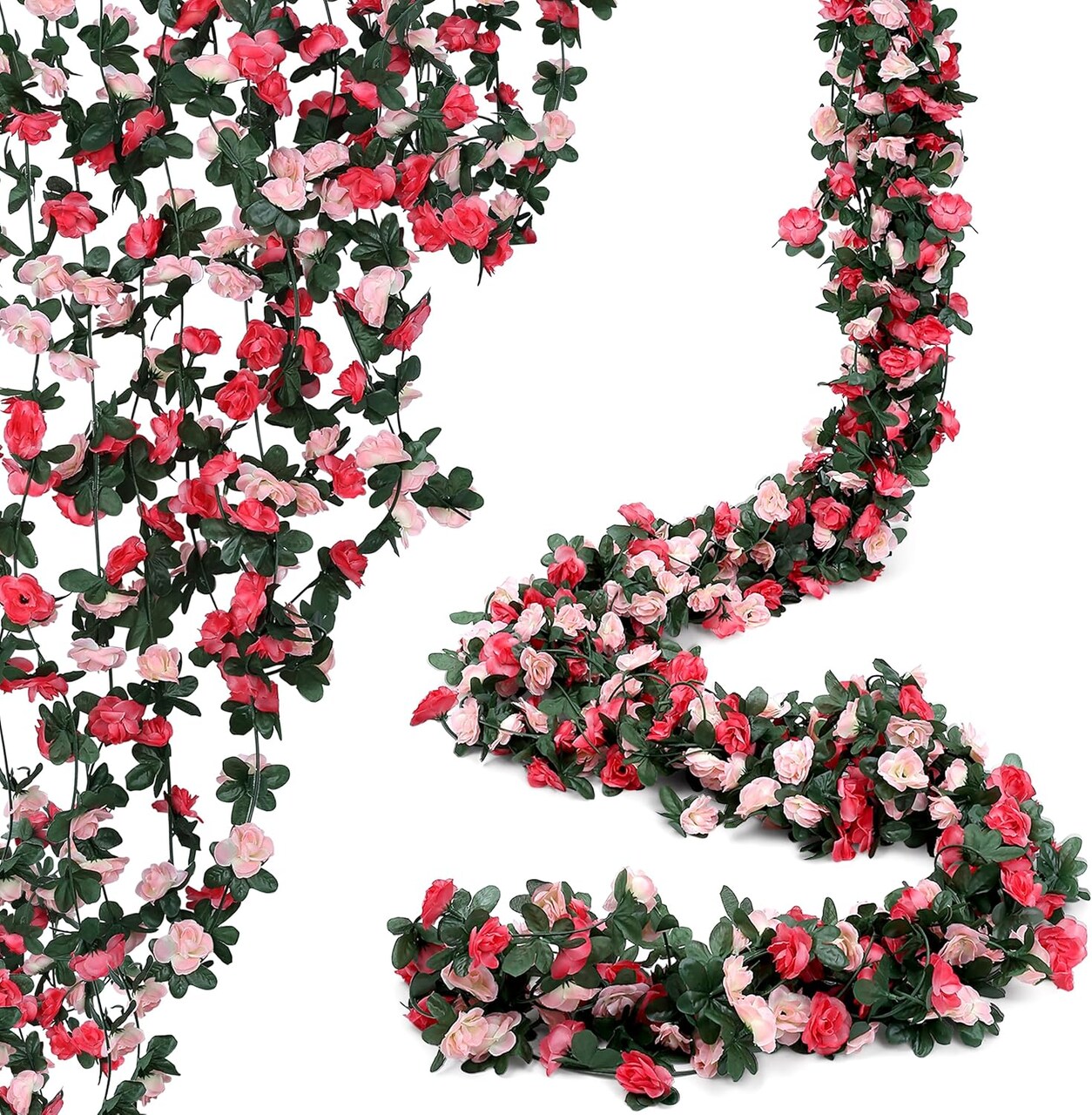 42.5FT Pink Flower Garlands – 5 Pack Artificial Rose Vines, Faux Silk Floral Garland for Wedding, Party, Christmas, Room & Porch Decorations